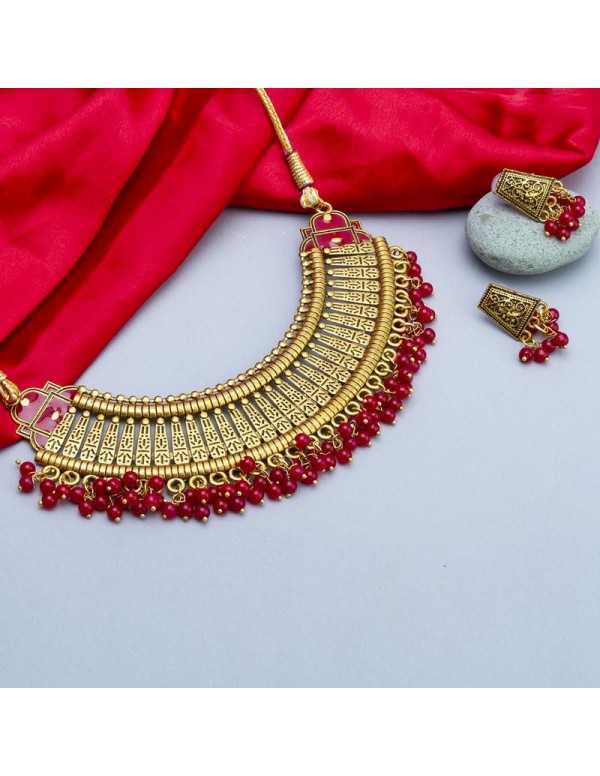 Jewels Galaxy Gold-Toned GP Red Pearl Necklace Set...