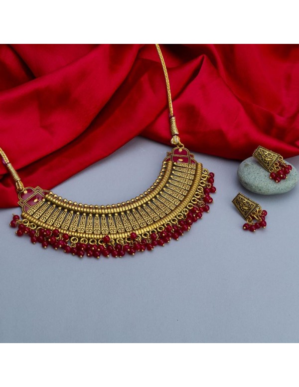 Jewels Galaxy Gold-Toned GP Red Pearl Necklace Set...