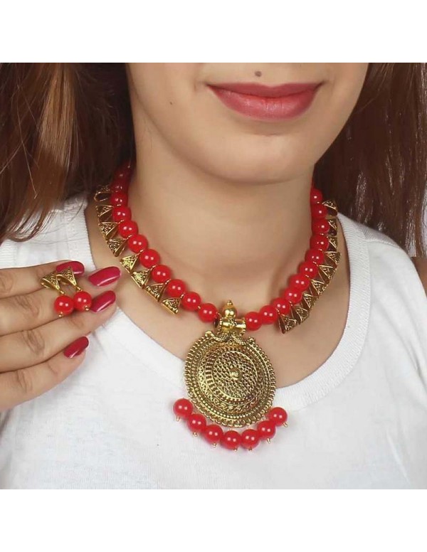 Jewels Galaxy Gold-Toned GP Red Pearl Necklace Set...