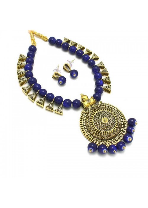 Jewels Galaxy Gold-Toned GP Blue Pearl Necklace Set 44061