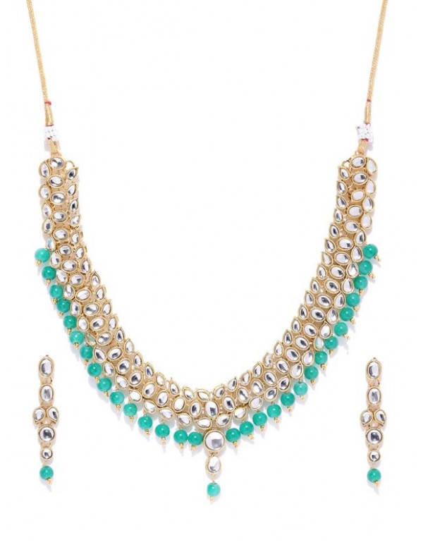 Jewels Galaxy Green Gold-Plated Stone-Studded & Beaded Jewellery Se 44063