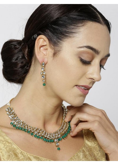 Jewels Galaxy Green Gold-Plated Stone-Studded & Beaded Jewellery Se 44063