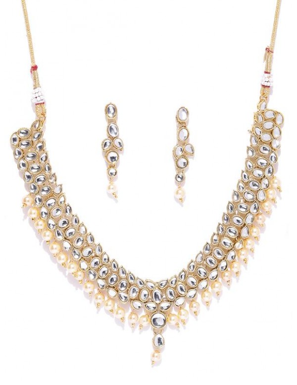 Jewels Galaxy Women Off-White Gold-Plated Stone-Studded Beaded Jewellery Set 44065