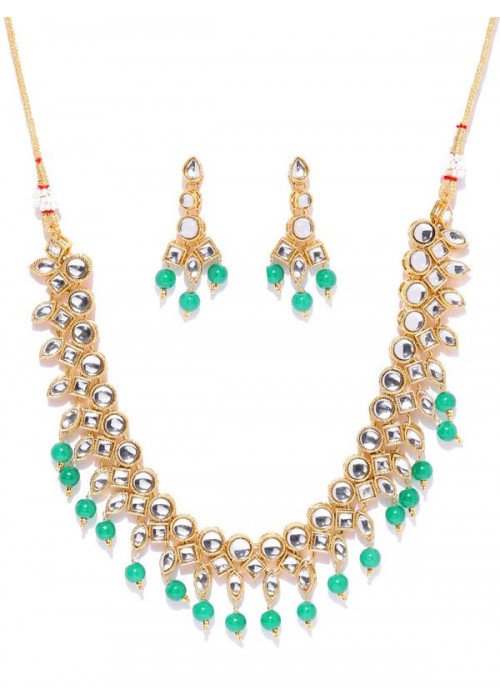 Jewels Galaxy Green Gold-Plated Stone-Studded & Beaded Jewellery Set 44066