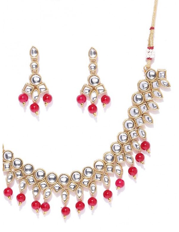 Jewels Galaxy Red Gold-Plated Stone-Studded & Beaded Jewellery Set 44067