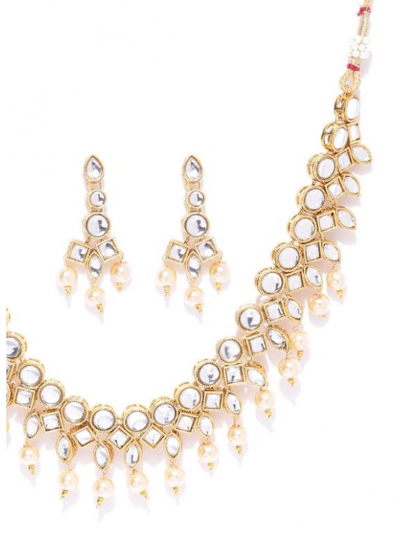 Jewels Galaxy Women Off-White Gold-Plated Stone-Studded Beaded Jewellery Set 44068