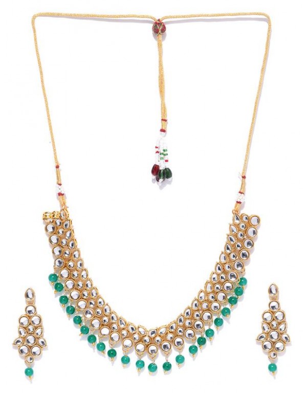 Jewels Galaxy Green Gold-Plated Stone-Studded & Beaded Jewellery Set 44069