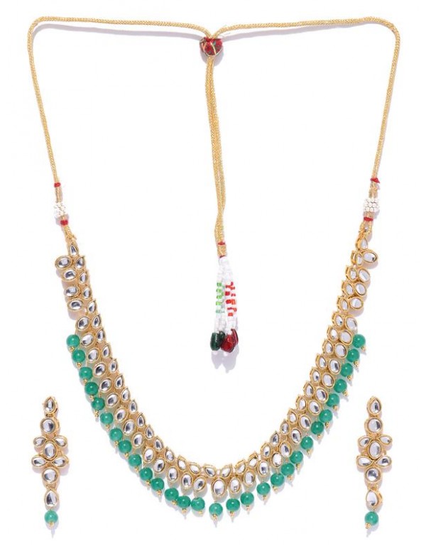 Jewels Galaxy Green Gold-Plated Stone-Studded & Beaded Jewellery Set 44072