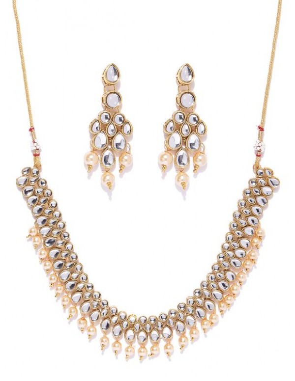 Jewels Galaxy Women Off-White Gold-Plated Stone-Studded Beaded Jewellery Set 44075