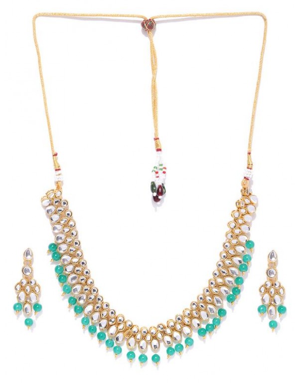 Jewels Galaxy Women Green Gold-Plated Stone-Studded Beaded Jewellery Set 44076