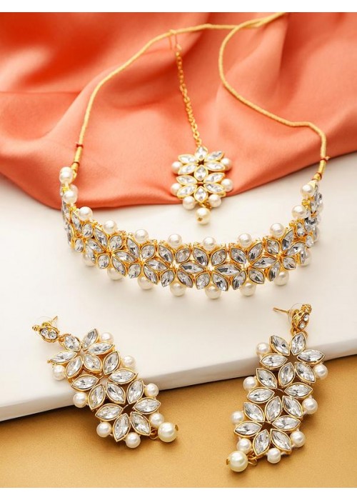 Jewels Galaxy Gold-Toned-Gold Plated AD Studded Necklace Set 44082