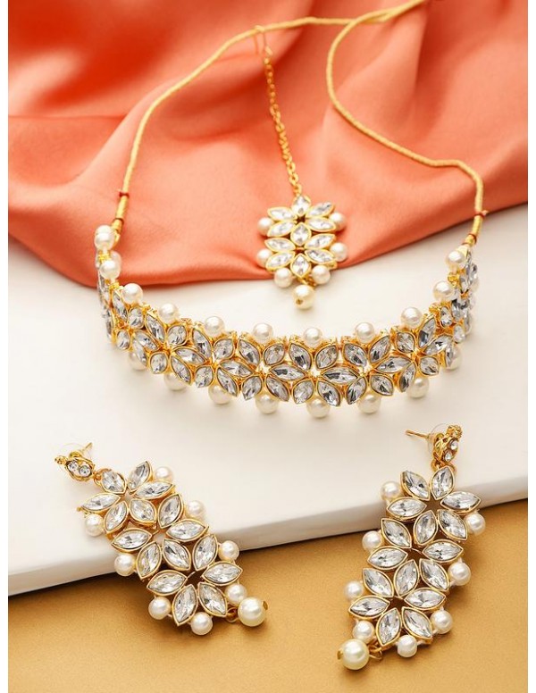 Jewels Galaxy Gold-Toned-Gold Plated AD Studded Necklace Set 44082