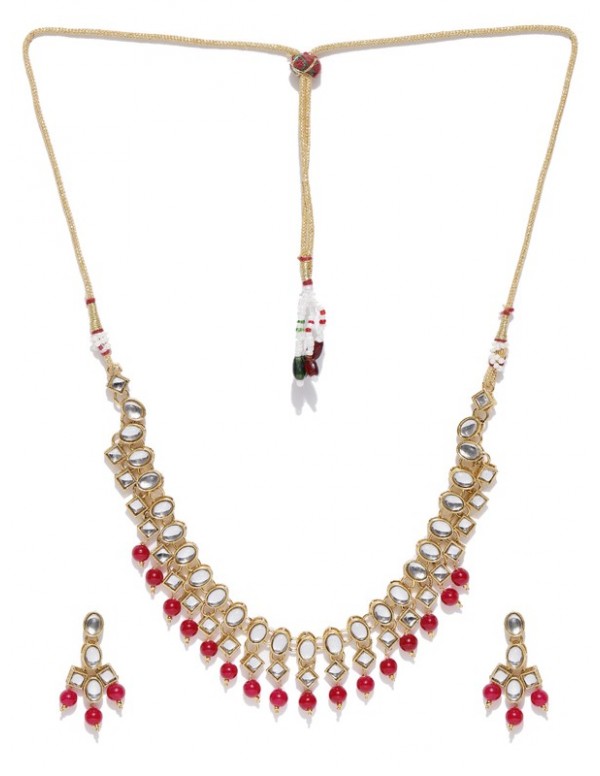 Jewels Galaxy Red Gold-Plated Stone-Studded & Beaded Jewellery Set 44092