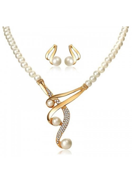 Jewels Galaxy White & Gold-Toned Gold-Plated Pearl-Studded Necklace Set 44093