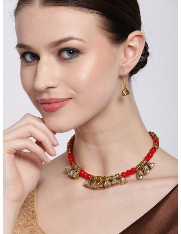 Jewels Galaxy Red Gold Plated Beads Necklace Set 44099