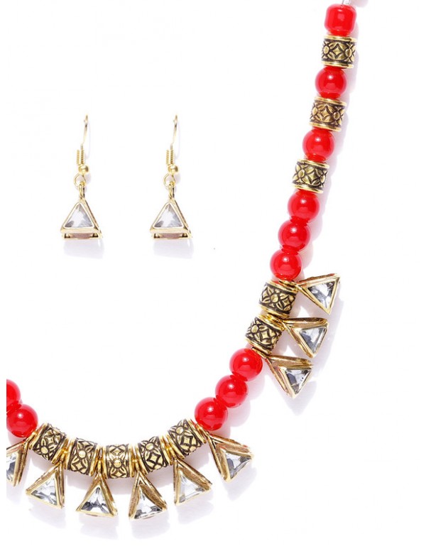 Jewels Galaxy Red Gold Plated Beads Necklace Set 44099