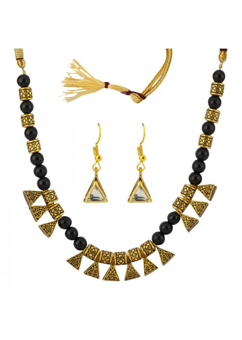 Jewels Galaxy Women's Fashion Beads & Crystal Gold Plated Necklace Set for Women/Girls (Black) 44103