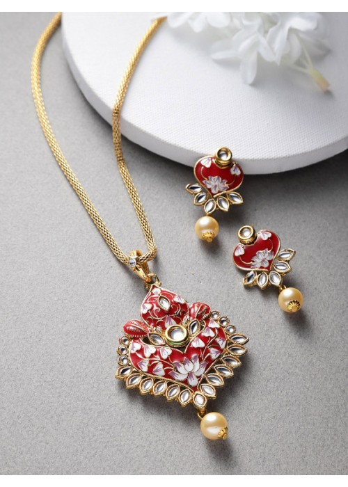 Jewels Galaxy Red Gold Plated Ad studded Pendant Set 44109