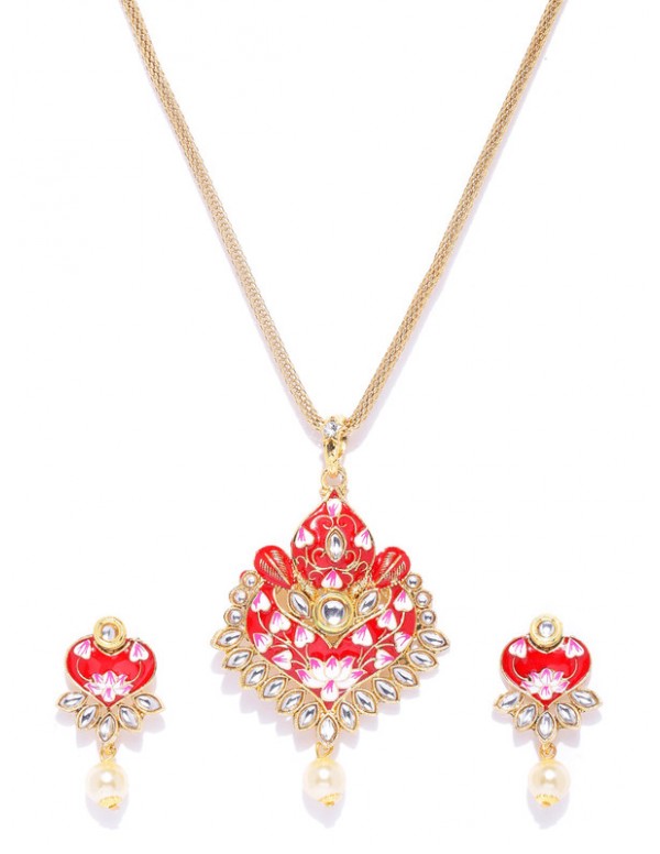 Jewels Galaxy Red Gold Plated Ad studded Pendant Set 44109