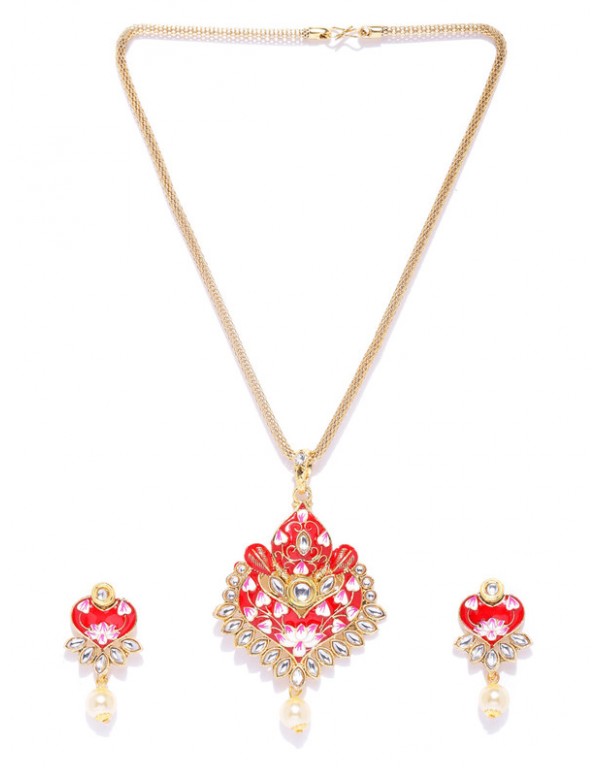 Jewels Galaxy Red Gold Plated Ad studded Pendant Set 44109