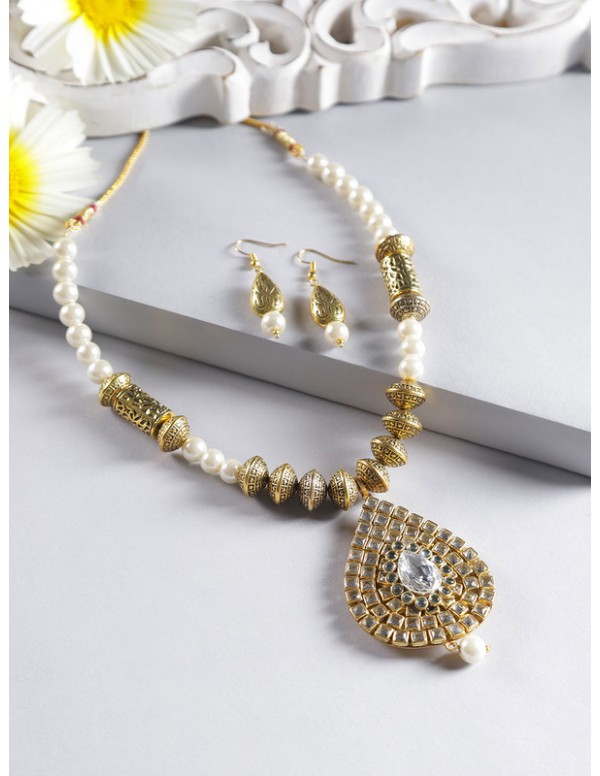 Jewels Galaxy Designer Kundan & Pearl Gold Plated Delicate Necklace Set for Women/Girls 44119