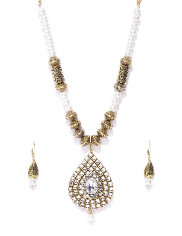 Jewels Galaxy Designer Kundan & Pearl Gold Plated Delicate Necklace Set for Women/Girls 44119