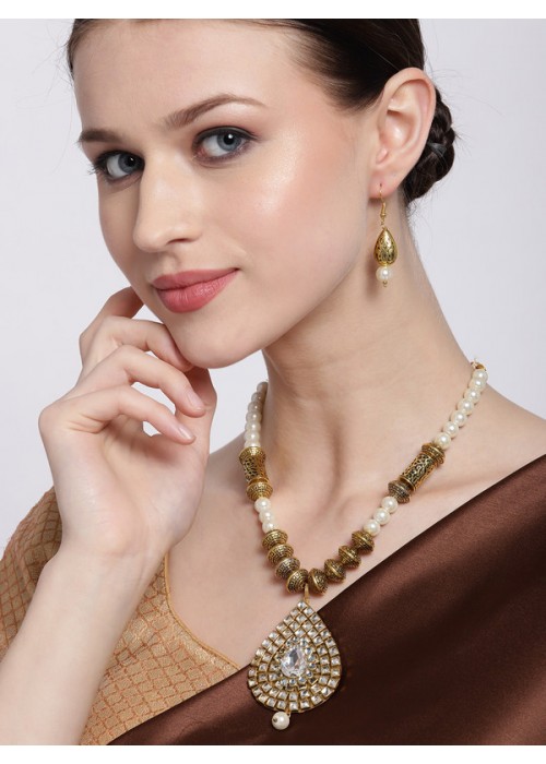 Jewels Galaxy Designer Kundan & Pearl Gold Plated Delicate Necklace Set for Women/Girls 44119
