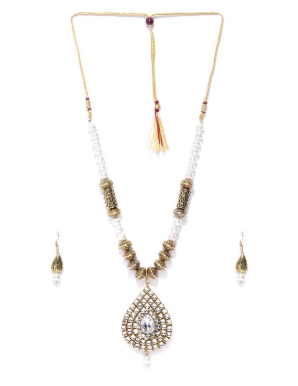 Jewels Galaxy Designer Kundan & Pearl Gold Plated Delicate Necklace Set for Women/Girls 44119