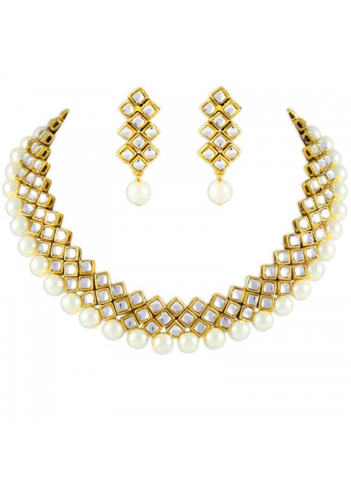 Jewels Galaxy Mesmerizing Kundan & Pearl Gold Plated Fabulous Necklace Set for Women/Girls 44133