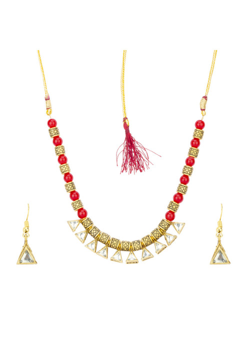 Jewels Galaxy Red Gold Plated Stone Studded & Beaded Jewellery Set 44136