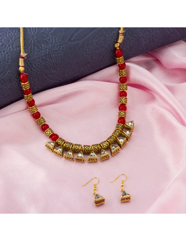 Jewels Galaxy Red Gold Plated Stone Studded & Beaded Jewellery Set 44136