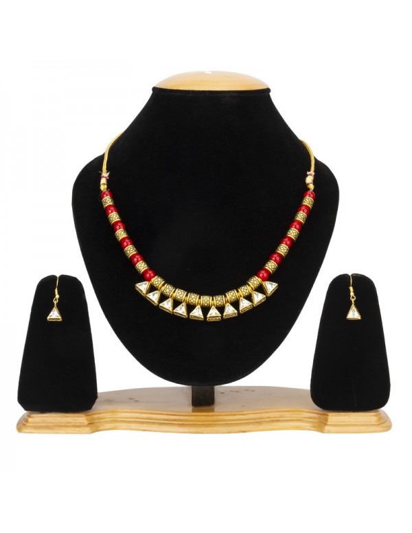 Jewels Galaxy Red Gold Plated Stone Studded & Beaded Jewellery Set 44136