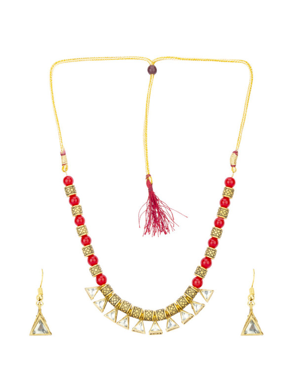 Jewels Galaxy Red Gold Plated Stone Studded & Beaded Jewellery Set 44136