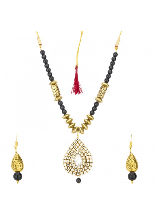 Jewels Galaxy Black Gold Plated Stone Studded & Beaded Jewellery Set 44138