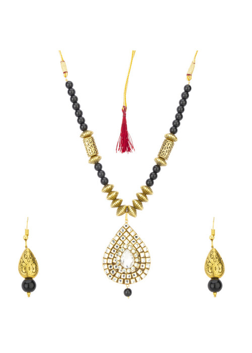 Jewels Galaxy Black Gold Plated Stone Studded & Beaded Jewellery Set 44138