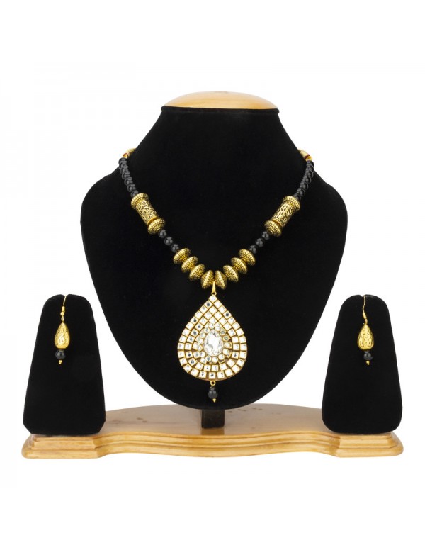 Jewels Galaxy Black Gold Plated Stone Studded & Beaded Jewellery Set 44138