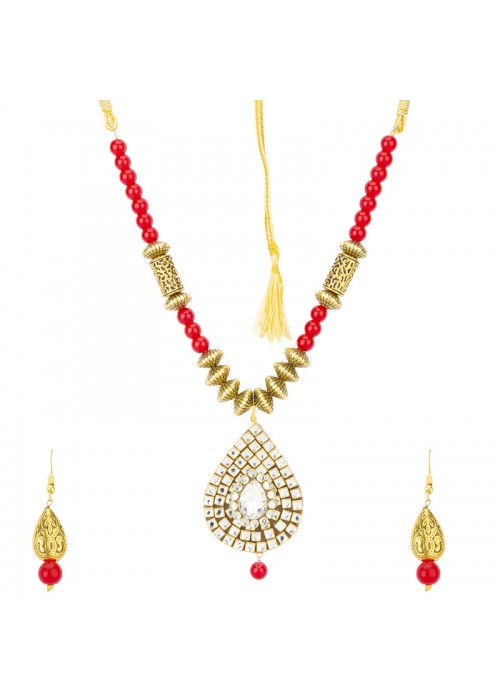 Jewels Galaxy Red Gold Plated Stone Studded & Beaded Jewellery Set 44141