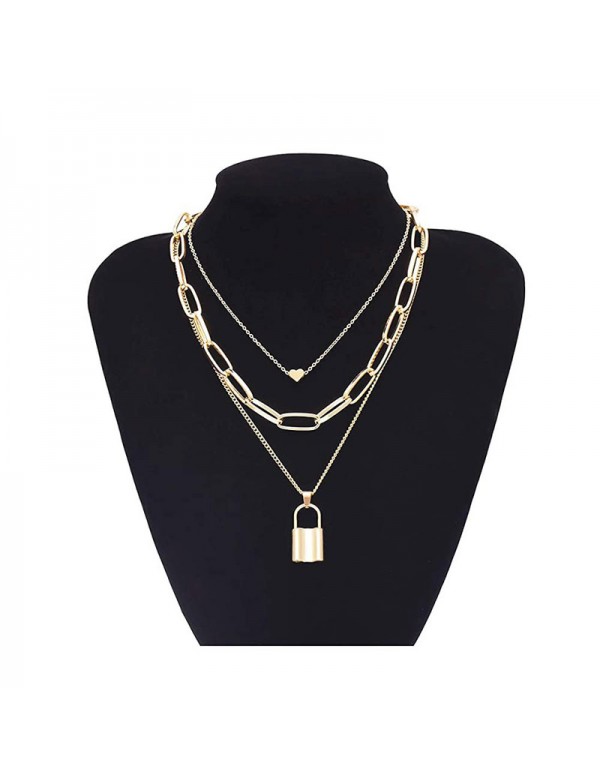Jewels Galaxy Gold Plated Trending Lock Inspired Layered Necklace Set 44162