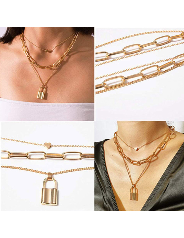 Gold-Plated Layered Chain Lock Pendant Necklace