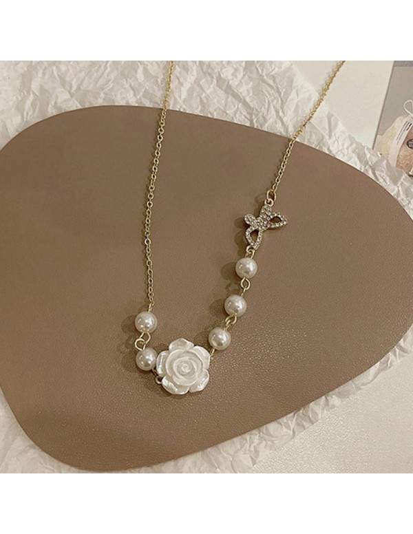 Jewels Galaxy Gold Plated Pearl Studded Rose and Butterfly themed Necklace