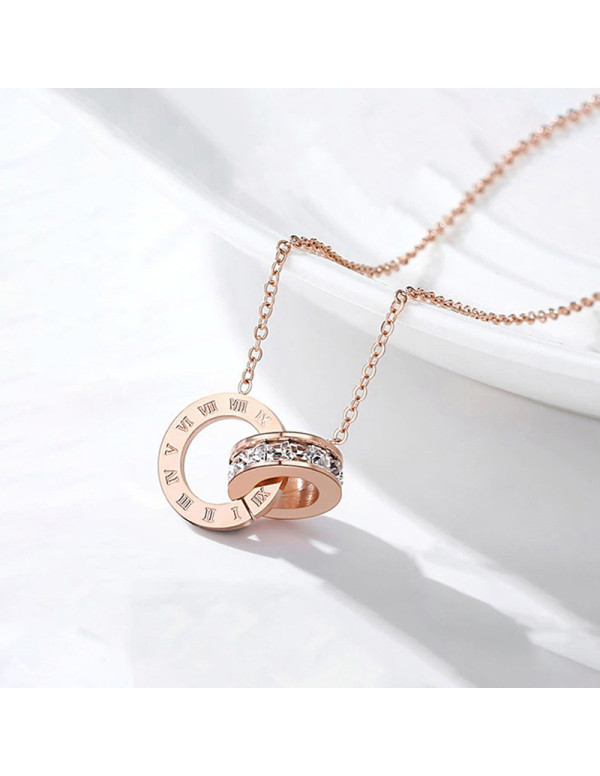 Jewels Galaxy Rose Gold Plated Stainless Steel Roman Numerals Pendant with Cubic Zirconia