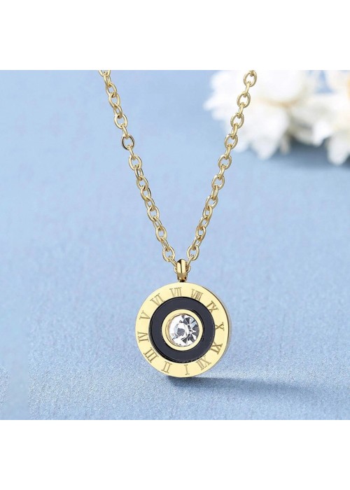 Jewels Galaxy Gold Plated Stainless Steel Roman Numerals Black Circular Pendant with Cubic Zirconia