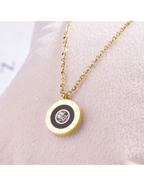 Jewels Galaxy Gold Plated Stainless Steel Roman Numerals Black Circular Pendant with Cubic Zirconia