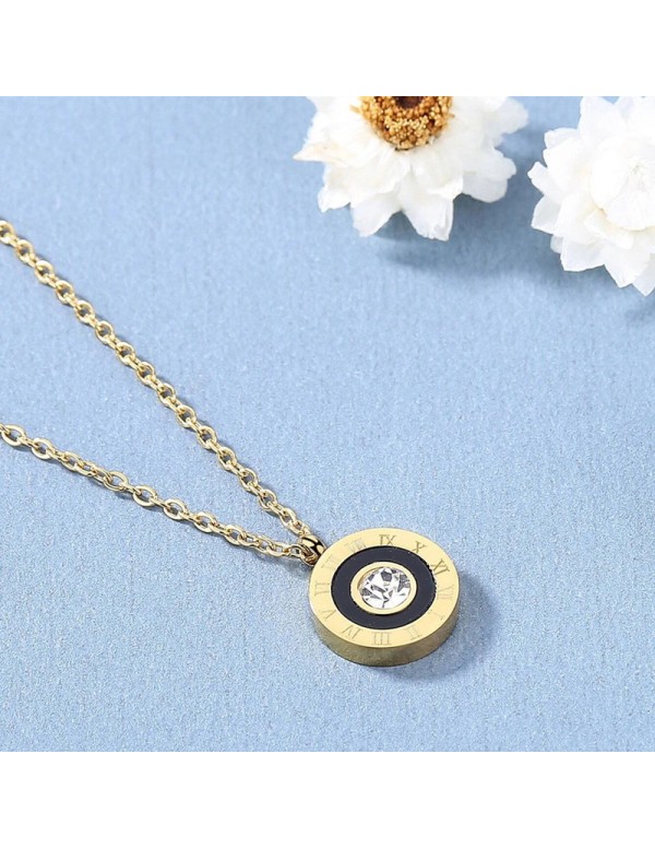 Jewels Galaxy Gold Plated Stainless Steel Roman Numerals Black Circular Pendant with Cubic Zirconia