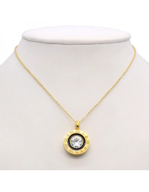 Jewels Galaxy Gold Plated Stainless Steel Roman Numerals Black Circular Pendant with Cubic Zirconia