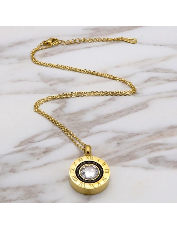 Jewels Galaxy Gold Plated Stainless Steel Roman Numerals Black Circular Pendant with Cubic Zirconia