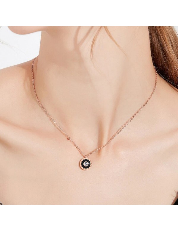 Jewels Galaxy Rose Gold Plated Stainless Steel Roman Numerals Black Circular Pendant with Cubic Zirconia