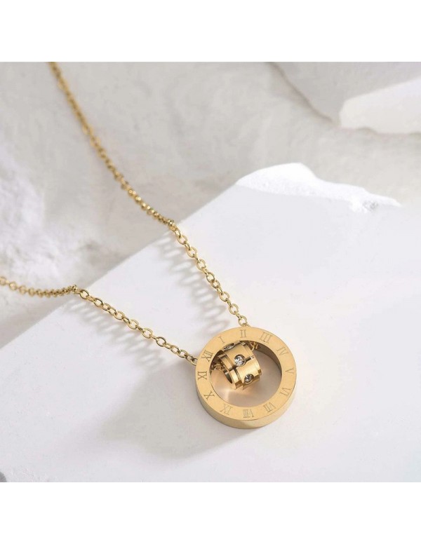 Jewels Galaxy Gold Plated Stainless Steel Roman Numerals Pendant with Cubic Zirconia