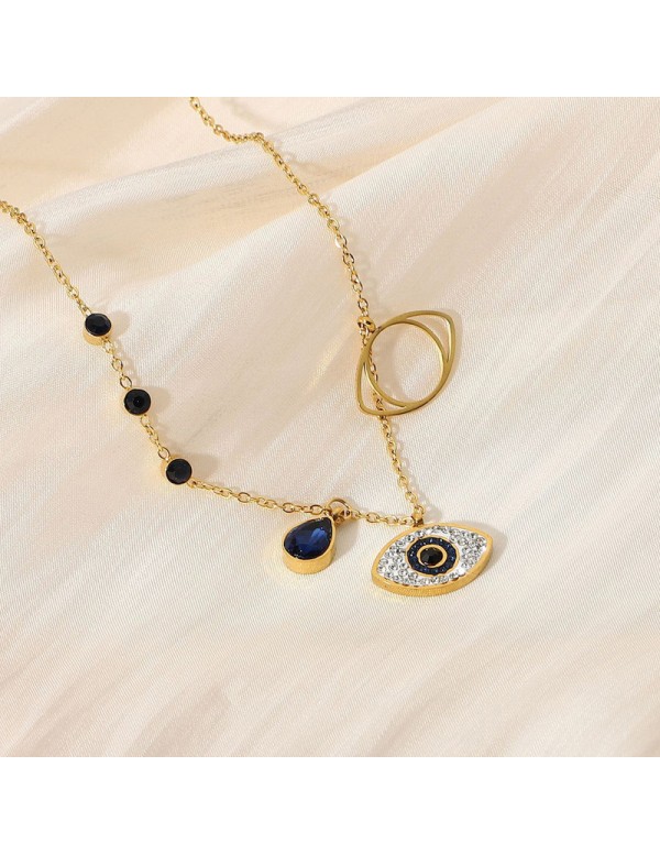 Jewels Galaxy Stainless Steel Gold Plated American Diamond Studded Evil Eye Pendant