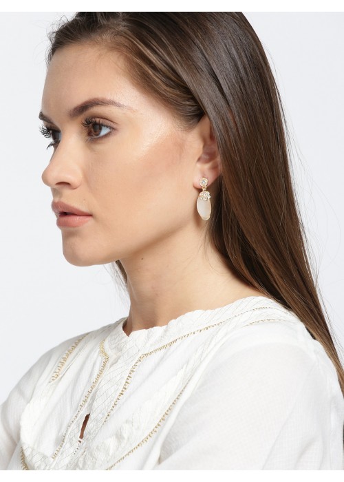 Jewels Galaxy Off-White & Gold-Toned Oval Drop Earrings 5096